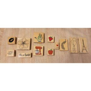 Lot Of 12 Wooden Rubber Stamps Mixer I Love Us It's A Party  Balloons Gardening